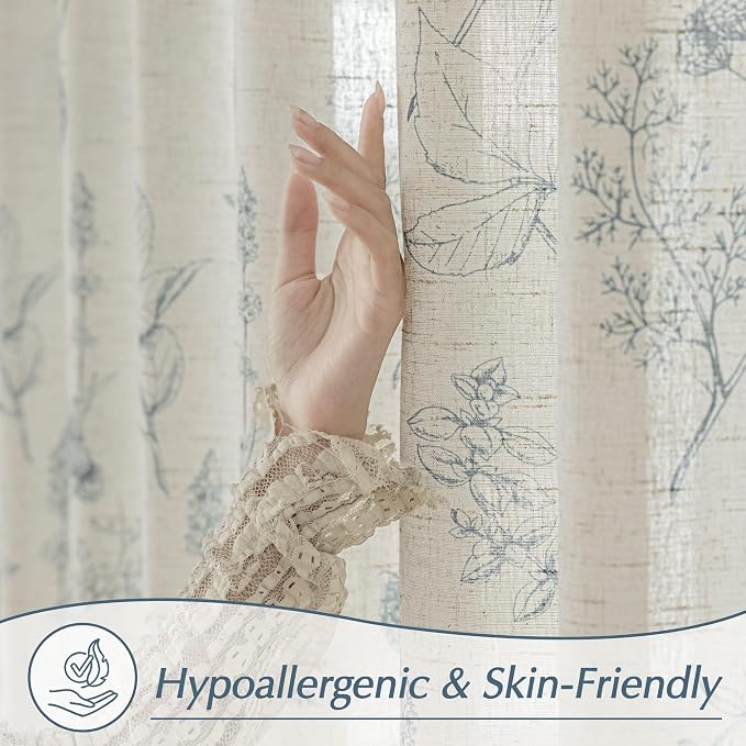FMFUNCTEX Linen Curtains Floral Patterned Curtains for Bedroom Living Room, Blue Curtain 96 Inches Long Farmhouse, Light Filtering Beige Window Curtain Grommet Top 2 Panels Set