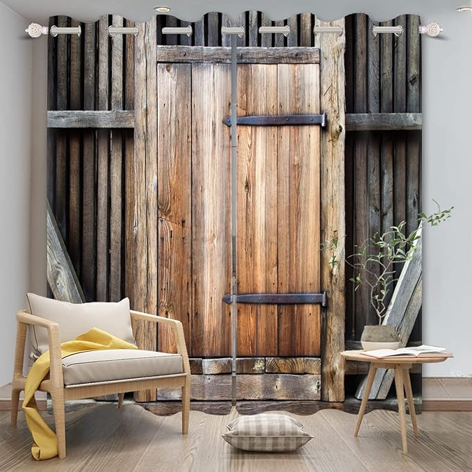 Rustic Farm Kitchen Curtains Farmhouse Old Wooden Door Vintage Barn Door Blackout Window Drapes for Living Room Bedroom Rural Room Darkening Window Treatment,42x63 inch,2 Panels