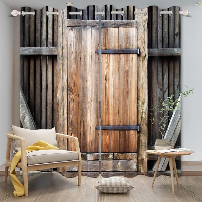 Rustic Farm Kitchen Curtains Farmhouse Old Wooden Door Vintage Barn Door Blackout Window Drapes for Living Room Bedroom Rural Room Darkening Window Treatment,26x63 inch,2 Panels