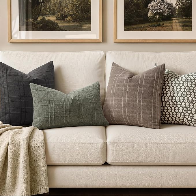 MIULEE Decorative Linen Check Throw Pillow Covers Neutral Farmhouse Vintage Pillow Covers 18x18 Set of 2 Boho Modern Winter Home Decor for Sofa Couch Bedroom Cushion Taupe