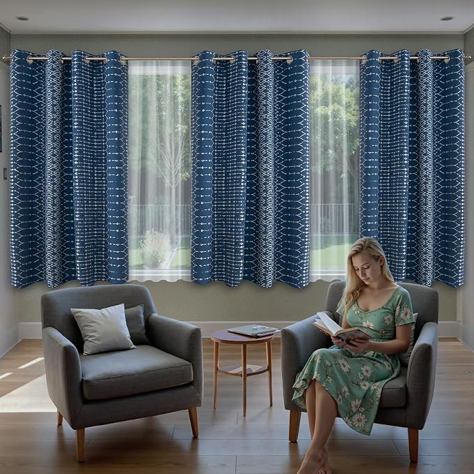 ColorBird 100% Blackout Heat Blocking Boho Curtains for Bedroom Navy Blue and White Sun Blocking Thermal 63 Inch Curtains & Panels for Living Room Striped Western Geometric Room Decor