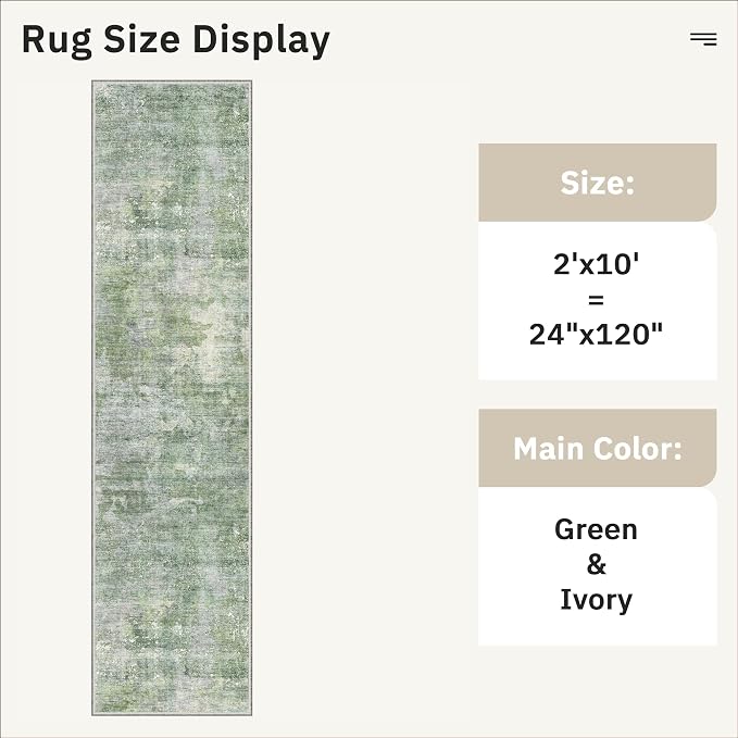 Soalmost Runner Rug 2x10 Washable Non-Slip Hallway Runner Rugs for Kitchen Bathroom Laundry Room Green/Ivory Vintage Floor Carpet Runners for Hallways Entryway