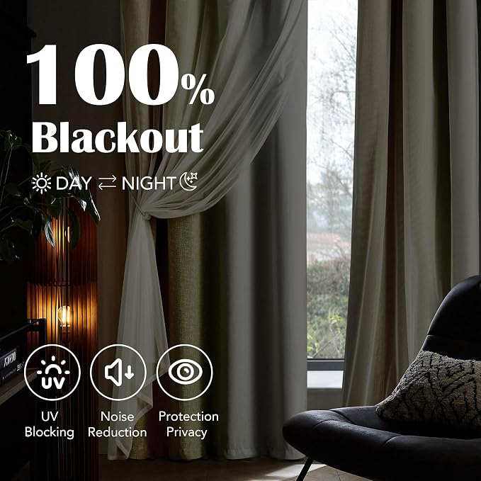 Ombre 100% Blackout Curtains 54 Inches Long 2 Panels for Bedroom Living Room Yellow and White Double Layer Sheer Overlay Mix & Match Grommet Thermal Soundproof Drapes with Tiebacks, 52x54
