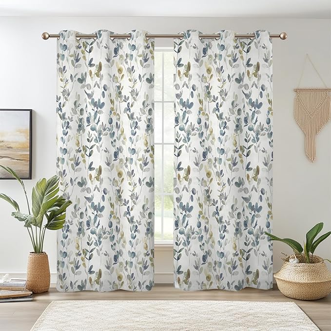 Renaiss Botanical Herbs Blackout Curtains, Vintage Eucalyptus Leaf Thermal Insulated Bedroom Window Curtains, Classical Gray Plants Window Drapes for Living Room, 108" L x 53" W 2 Panel Set