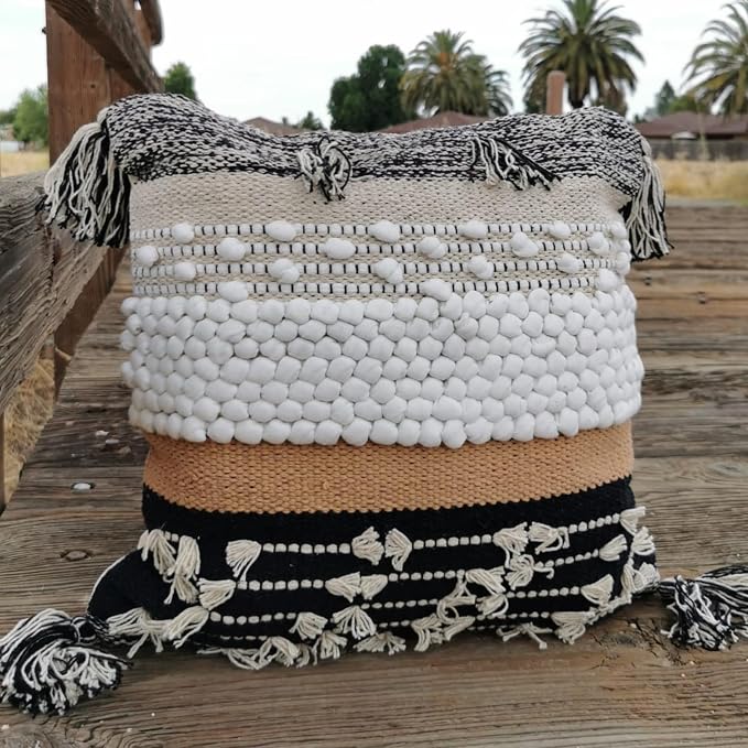 Throw Boho Pillow Cover, 18”x18” Bohemian Moroccan Rustic Decorative Pillows with Tufted Accents, Plush Handwoven Cotton, Textured Woven Neutral Farmhouse Scandinavian Home Decor
