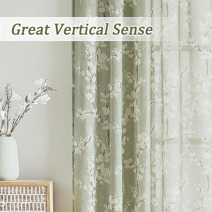 FMFUNCTEX Linen Sheer Curtains for Bedroom, Sage Green Blossom Print Curtains 63 Inch Length for Living Room, Floral Patterned Farmhouse Curtain Light Filtering Window Drapes 2 Panels, Rod Pocket