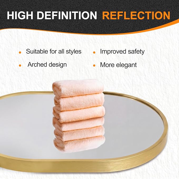 Oval Bathroom Vanity Mirror for Wall, 28''x20'' Gold Oval Bathroom Mirror for Over Sink, Bedroom, Living Room, Entryway, HD Tempered Glass, Wall Mounted Horizontally or Vertically