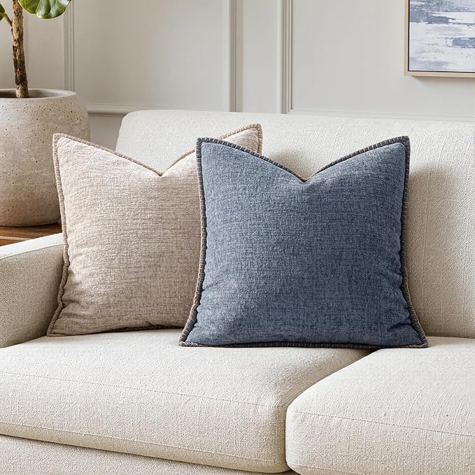 MIULEE Pack of 2 Couch Throw Pillow Covers 16x16 Inch Dark Grey Blue Farmhouse Decorative Pillow Covers with Stitched Edge Soft Chenille Solid Dyed Pillow Covers for Sofa Bed Living Room