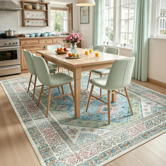 Lofus Vintage Living Room Rugs 8x10, Soft Machine Washable Area Rug for Bedroom Indoor Floor Home Office House Decor, Oriental Traditional Distressed Farmhouse Carpet, Boho Sage Green and Light Blue