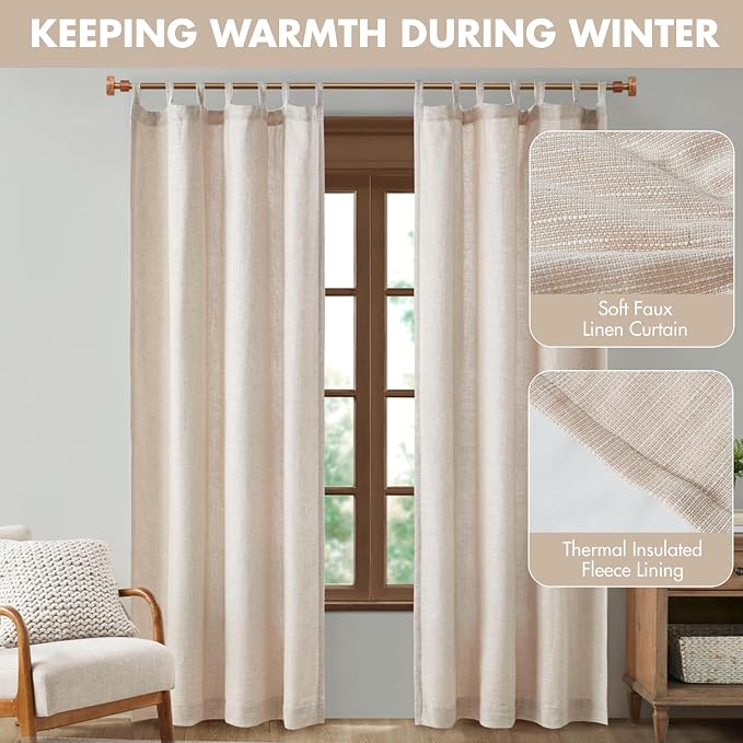 Madison Park Linen Blend Curtain Window, Thermal Insulated Fleece Lining, Living Room Decor Light Filtering Drape for Bedroom, 1-Single Panel Pack Fits 1.25" Rod, Beals, 50x84 Tab Top, Natural