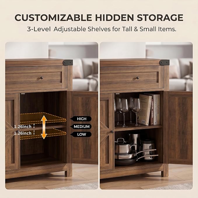 YESHOMY Coffee Bar and Accent Cabinet, Farmhouse Barn Door Buffet Sideboard with Drawer and Adjustable Shelf, Wide Desktop for Kitchen, Dining Room, Bathroom, Entryway, Brown