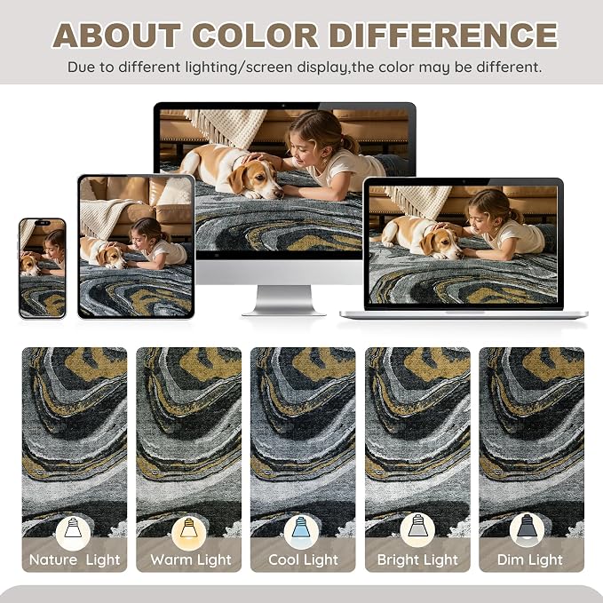 DMOYEST 7x9 Area Rug for Living Room - Washable Neutral Modern Abstract Rugs Soft Non-Slip Carpet Low Pile Indoor Floor Mat for Bedroom & Dining Room Decor for Families with Kids and Pet-Black Golden