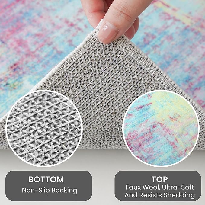 IOHOUZE Abstract Runner Rug 3x10 Ft Washable Runners for Hallways, Non Slip Kitchen Runner Printed Faux Wool Entryway Runner Indoor, Modern Abstract Floor Carpet for Hall Kitchen Bedroom, Pink Teal