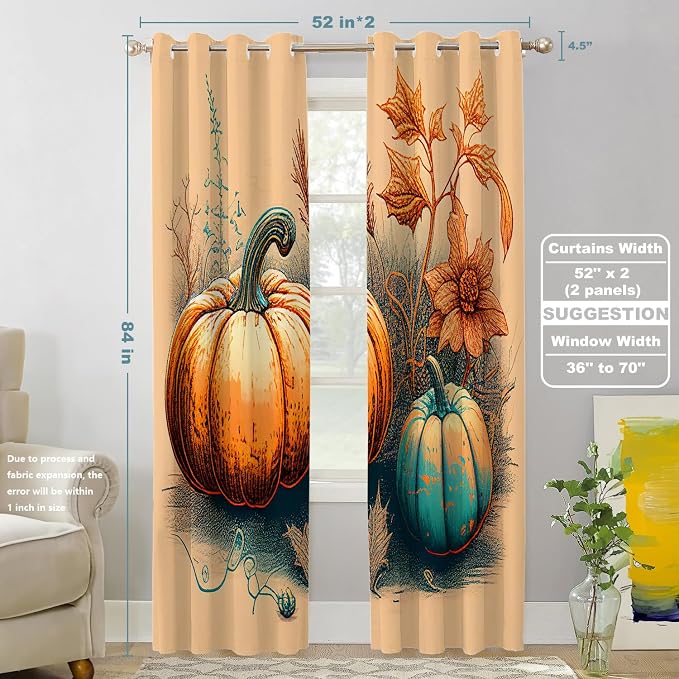 Shrahala Autumn Pumpkin Harvest Blackout Window Curtains, Abstract Art Hand Painting Flowers Grass Thermal Insulated Curtains Grommet Top Window Drapes for Living Room, Bedroom (2 Panels, 52 x 84 in)