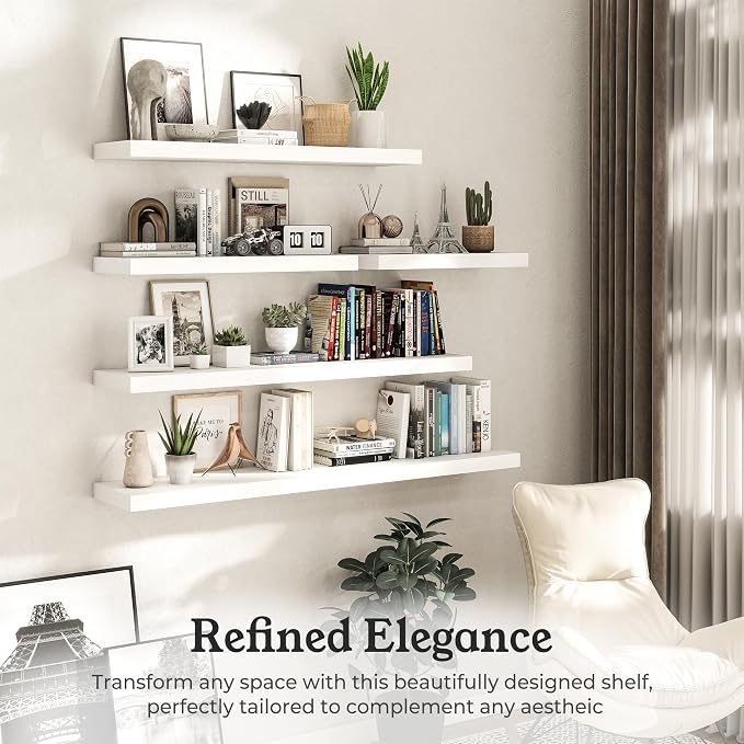 White Floating Shelves for Wall, 9.3" Deep Wall Mounted Wood Shelves for Bathroom, Bedroom, Living Room, Kitchen, Hanging Shelf for Books/Storage/Room Decor (White, 24")