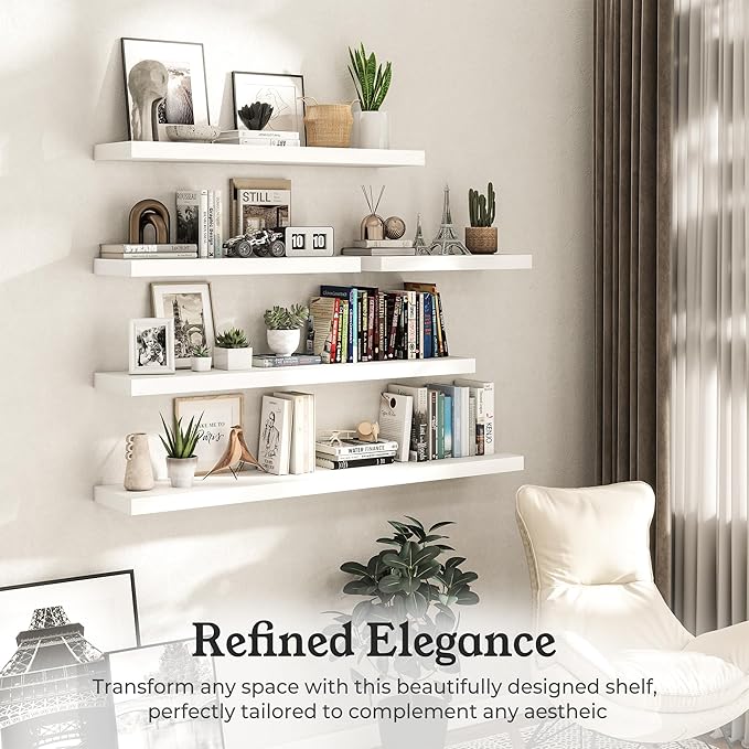 White Floating Shelves for Wall for Wall, 9.3" Deep Wall Mounted Wood Shelves for Bathroom, Bedroom (White, 48)
