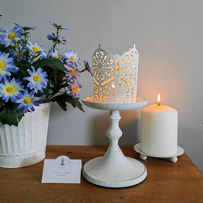 Hosley Aluminum Metal Decorative Pillar Candle Holder White Wash Finish Set of 2 for Candles or Display, 5Inch High - Ideal for Weddings, Parties, Events, Home Decor, Gifts, Elegant