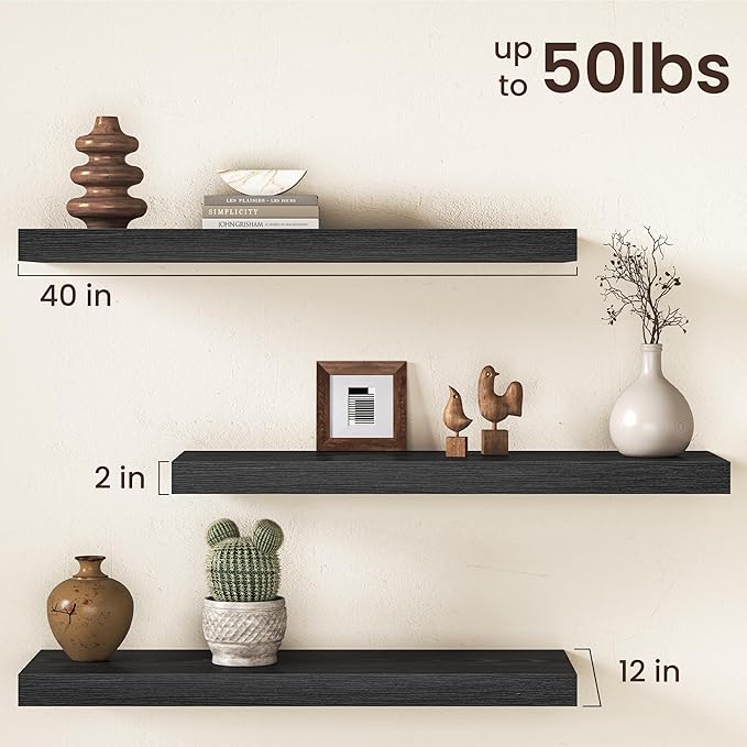 40Inch Black Floating Shelves for Wall, 12 Inch Deep Shelves for Bedroom, Kitchen, Bathroom Wall Mounted, Rustic Wood Floating Shelf with Invisible Brackets for Books, Storage, Decor, 2 Packs