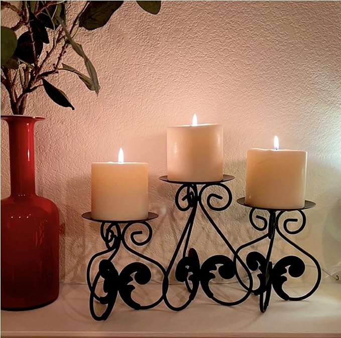 Lily’s Home Elegant Scrollwork Fleur De Lis Pillar Candle Holders, Wax & LED Candle Stands, Black, Set of 3. Candles Not Included