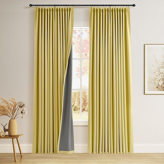 Joywell Yellow Pinch Pleated Linen 100% Blackout Curtains 96 Inches Long 2 Panels Insulated Thermal Full Blackout Drapes for Bedroom Living Room Darkening Pinch Pleat Curtains for Autumn 8 FT 40x96
