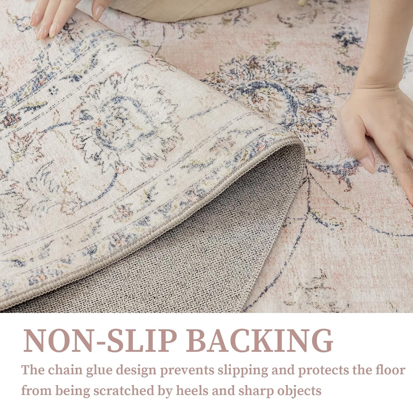 4'x4' Vintage Floral Rug - Persian Inspired Low-Pile Faux Wool Area Rug, Non-Slip Washable Round Rug for Bedroom, Nursery, Dorm, Soft Pink Boho Chic Decor