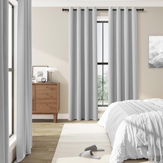 Jowels Grey Linen Blackout Curtains 108 Length 2 Panels Set for Living Room Bedroom, 100% Black Out Thermal Insulated Linen Drapes, Room Darkening Grommet Curtains 108 Inches Long