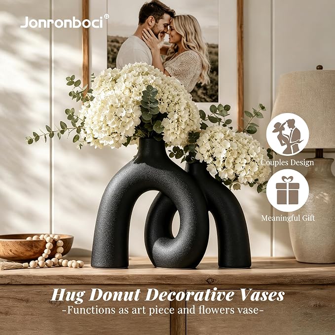 Matte Black Vase Set - Hug Hollow Donut Aesthetic Ceramic Vases Home Decor, Modern Nordic Minimalist Decorative Vase for Table Centerpiece Bookshelf Office Entryway Console Fireplace (Black)