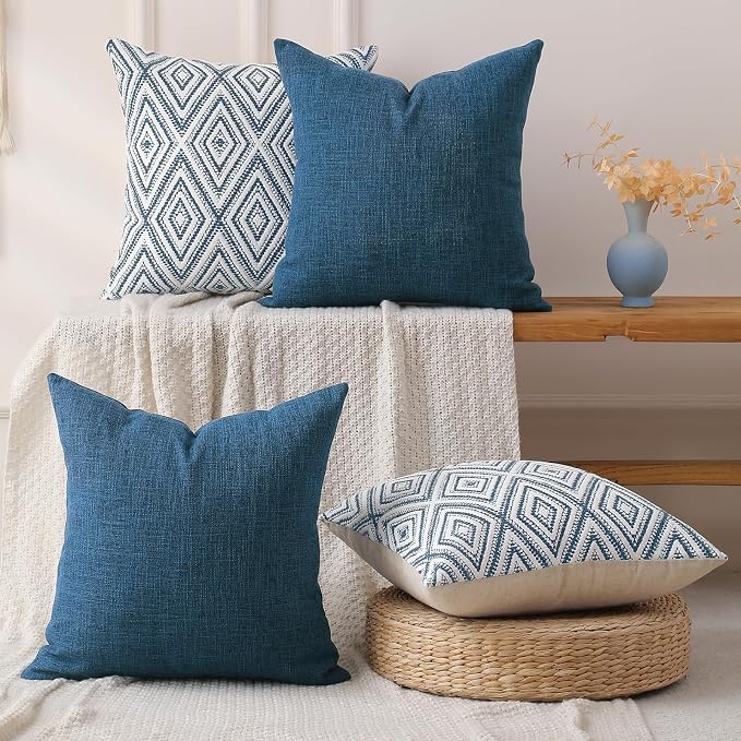 HPUK Throw Pillow Covers 18x18 Inch Set of 4, Linen Decorative Pillow Covers, Accent Cushion Covers for Couch Sofa Bed Bedroom Living Room Décor, Navy Blue
