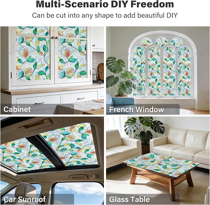 Finnez Rainbow Stained Glass Window Privacy Film, Static Cling No Glue, UV Blocking & Heat Control, Removable & Reusable for Home Office Bathroom Door (Stained Leaf, 35.4" x 157.4")