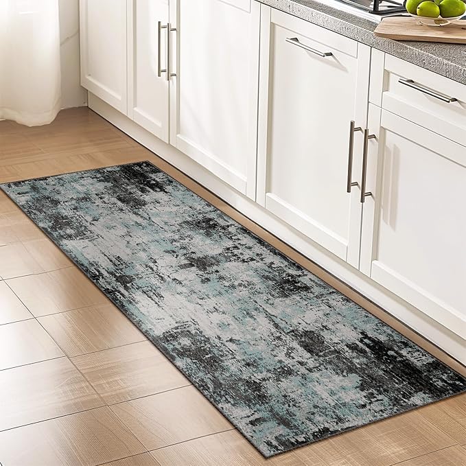 RELEANY Washable Area Rugs 2'x6' Non-Slip Modern Abstract Soft for Living Room Entryway Bedroom Kitchen, Print Pattern, Blue Black Teal