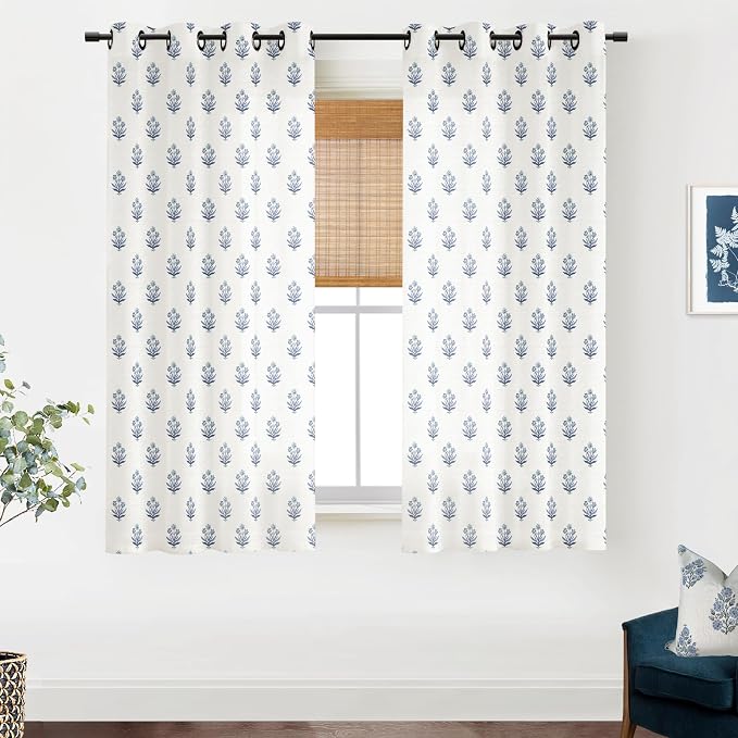 Coastal Blue Floral Curtains for Living Room, 63 Inch Length Designer Duped Navy Blue Pattern Sheer Drapes for Living Room Bedroom 2 Panels Set