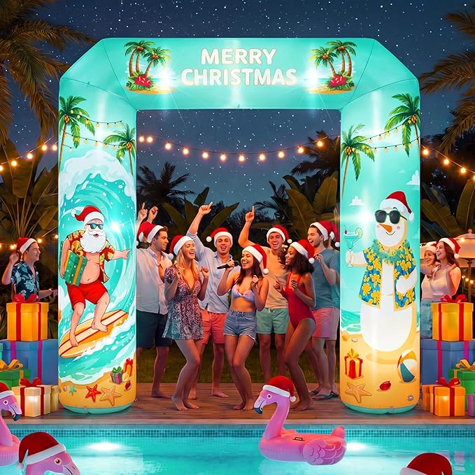 Jenaai Christmas in July Inflatable Arch, 8.53 x 7.53 ft Tropical Christmas Blow Up Arch with LED Lights, Hawaiian Luau Party Entrance for Outdoor Yard Beach Party Decorations