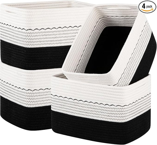 OIASKET 4 Pack Storage Baskets for Organizing, 13"X9"X7.87", Decorative Cotton Rope Baskets for Shelves, Small Woven Basket for Toys, Books and Towels, Black & White
