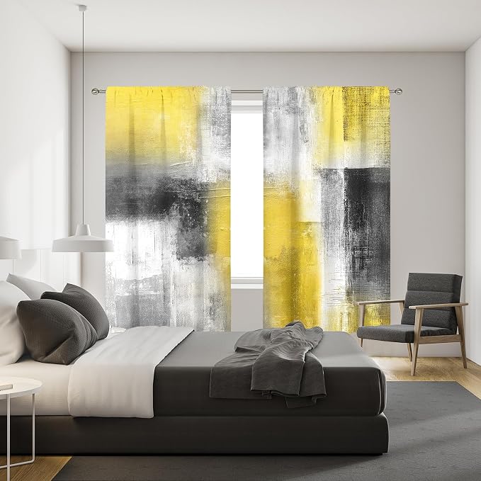 MESHELLY Yellow Grey Curtains 42Wx63H Inch Rod Pocket Abstract Geometric Square Watercolor Blocks Contemporary Oil Paint Bedroom Window Drapes Colorful Aesthetic Printed Living Room Window Treatment