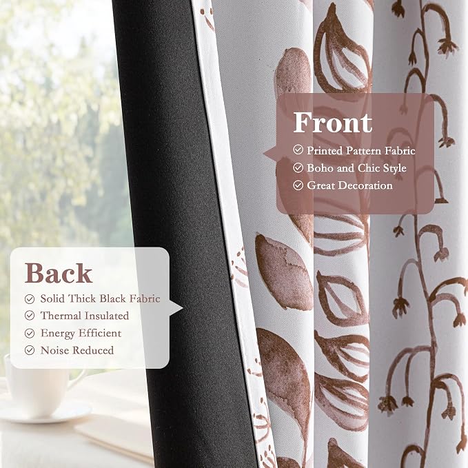 MEETSKY Brown Blackout Curtains for Bedroom, Thermal Insulated Privacy Protection Back Tab Curtains 95 Inches Length for Living Room, Leaf Pattern, 2 Panels, 50" Wide Each