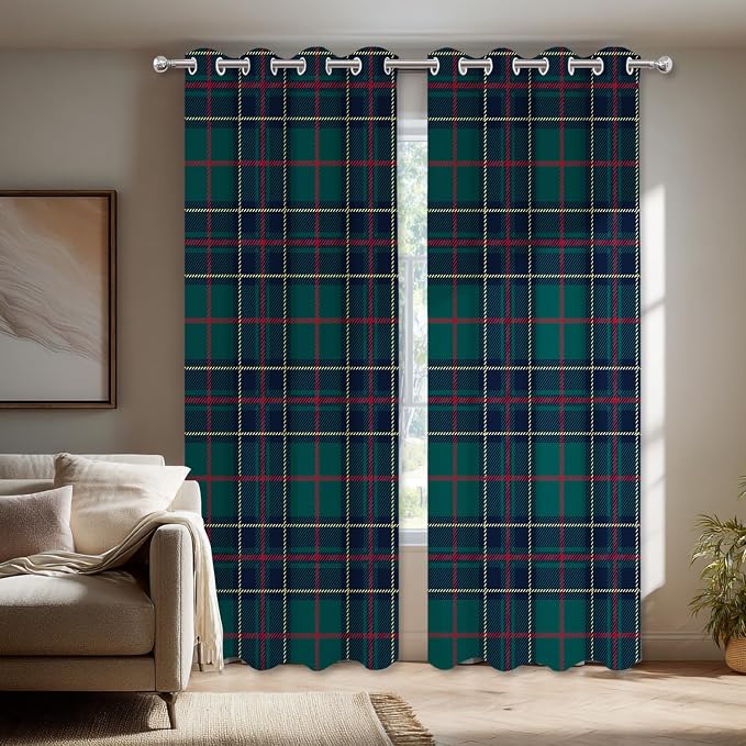 Shrahala Tartan Plaid Blackout Window Curtains, Green Scottish Fabric Kilt Twill Woven Thermal Insulated Curtains Grommet Top Window Drapes for Living Room, Bedroom (2 Panels,52 x 63 in)