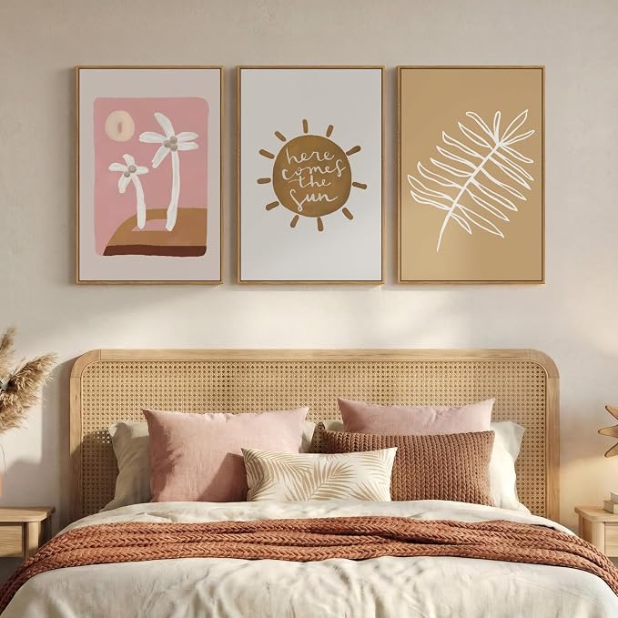 Framed Pink Brown Boho Wall Art Bedroom, 3 Piece Summer Neutral Palm Tree Canvas Prints Artwork for Walls, Tropical Coastal Botanical Sun Paintings for Bathroom Nursery Girl Room Wall Decor, 16x24 In