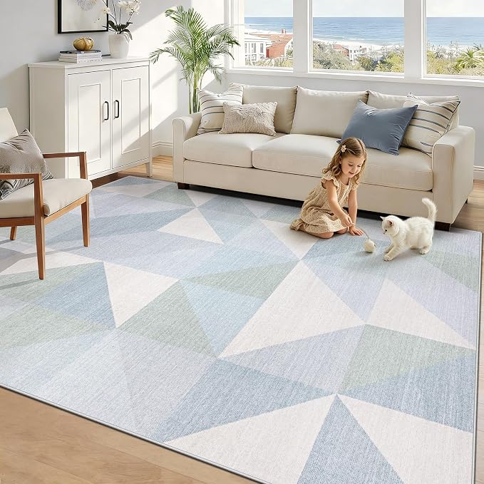Washable Rug 5x7 Area Rugs: Modern Geometric Area Rug for Living Room Non-Slip Neutral Soft Carpet Low Pile Stain Resistant Indoor Rugs for Bedroom Nursery Dining Room Office (Light Blue, 5'X7')