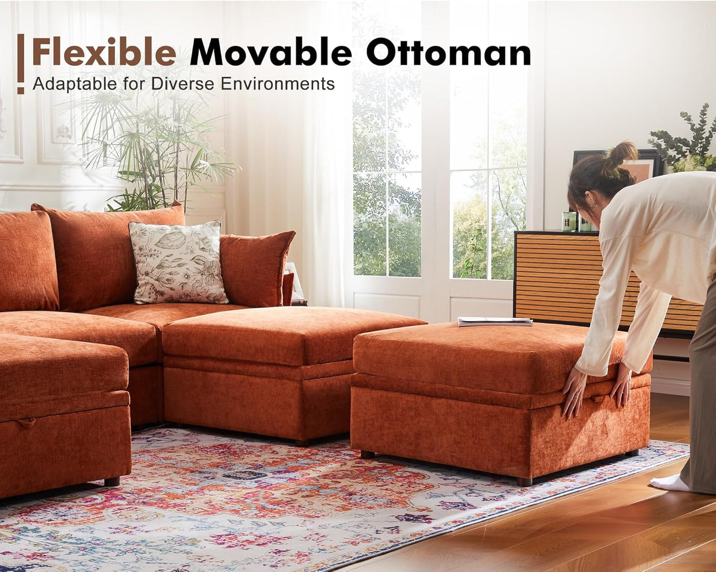 134.6" Oversized Modular Sectional Sofa, 6 Seater U Shaped Couch with Storage Ottoman with Reversible Chaise Deep Seat for Living Room, Apartment - Chenille Terracotta Orange