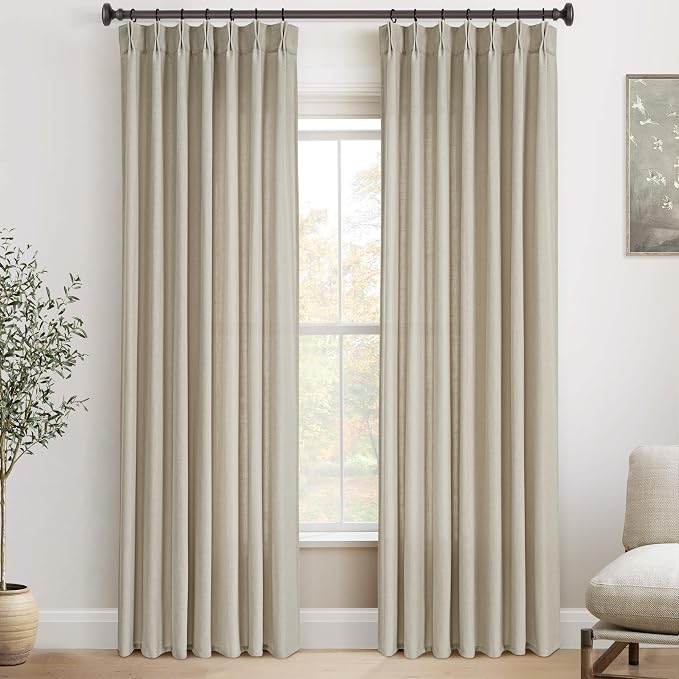 Taupe Linen Curtains 108 inch Length 2 Panels for Living Room Light Filtering Semi Sheer Pleated Curtains with Hooks Burlap Textured Neutral Country Rustic Curtain Drapes Ceiling Floor Extra Long 108