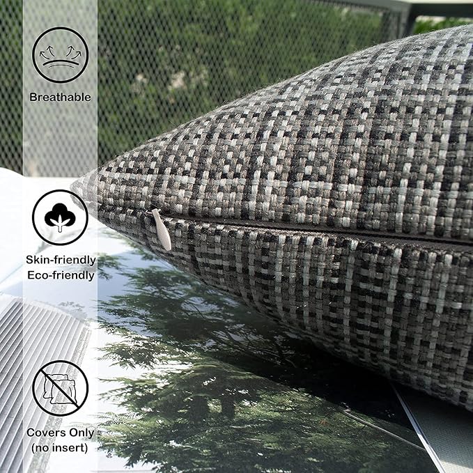 Kevin Textile Outdoor Waterproof Throw Pillow Covers 12x24 Inch Pack of 2 Woven Faux Linen Farmhouse Decorative Water Resistant Lumbar Cushion Covers for Tent Patio Garden Couch Sofa Grey
