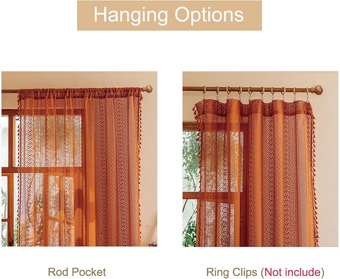 Sutuo Home Boho Sheer Curtains 63 Inch Length for Kitchen Nursery, Lace Curtains Burnt Orange Crochet Vintage Country Tassels Bohemian Privacy Rustic Geometry Rod Pocket, 2 Panels 50" x 63" Terracotta