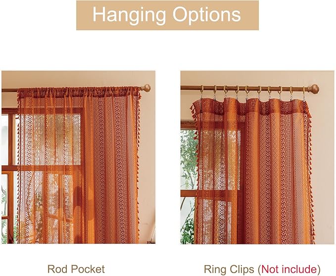 Sutuo Home Boho Lace Curtains 2 Panel Sets for Bedroom Living Room, Semi Sheer Curtains French Country Privacy Vintage Tassels Orange Victorian Style Rustic Decor Rod Pocket,50" x 96" Terracotta