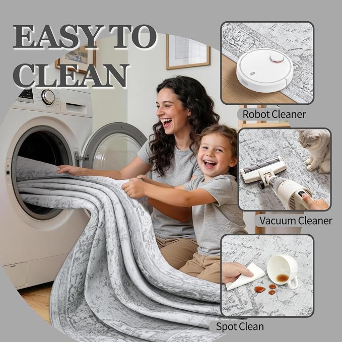 5x7 Area Rugs for Bedroom:Gray Washable Vintage Medallion Rug Non-Slip Soft Low Pile Large Rugs Indoor Retro Carpet for Living Room Kitchen Nursery Dining Table Office (Gray, 5'x7')