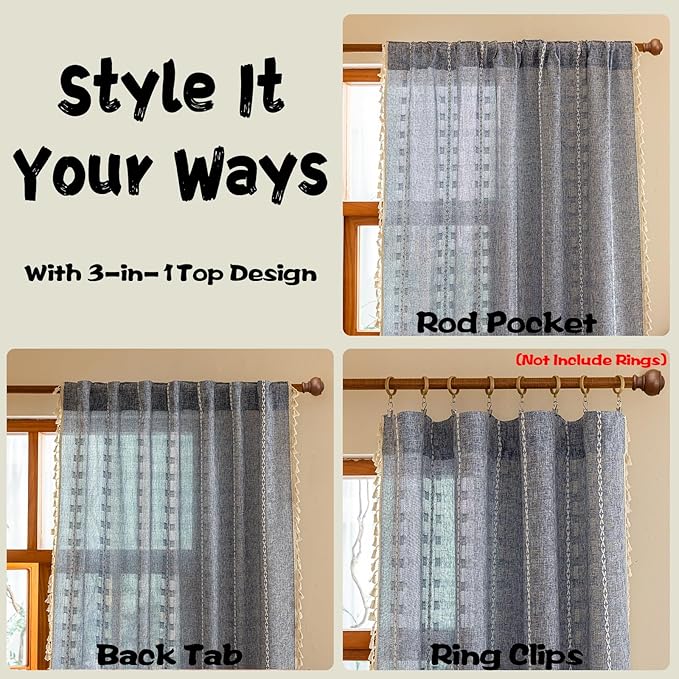 Blue Boho 96 inch Curtains 2 Panel Set for Living Room Dining room Floor to Ceiling, Light Filtering Tassels Privacy Country Vintage Embroidery Bohemian Stripes Window Treatment Back Tab, 50"W