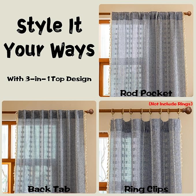 Blue Boho Semi Sheer Curtains 63 inch Length 2 Panel Set for Bedroom & Farmhouse, Bohemian Light Filtering Privacy Drapes Beige Tassels Shabby Chic Embroidery Window Curtains Back Tab & Rod pocket