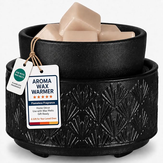 Mocosa Ceramic Wax Warmer Wax Melt Warmer for Scented Wax 3-1 Electric Candle Warmer Home Fragrance Wax Burner Perfect Christmas Gifts for Mom Women(Black-Fan Shaped)