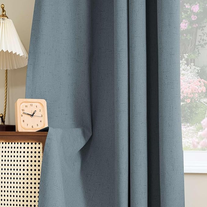 H.VERSAILTEX Linen Look 100% Blackout Curtains 95 Inches Long for Bedroom Full Light Blocking Rod Pocket Linen Textured Thick Window Curtain Drapes with White Backing, Stone Blue, 2 Panels