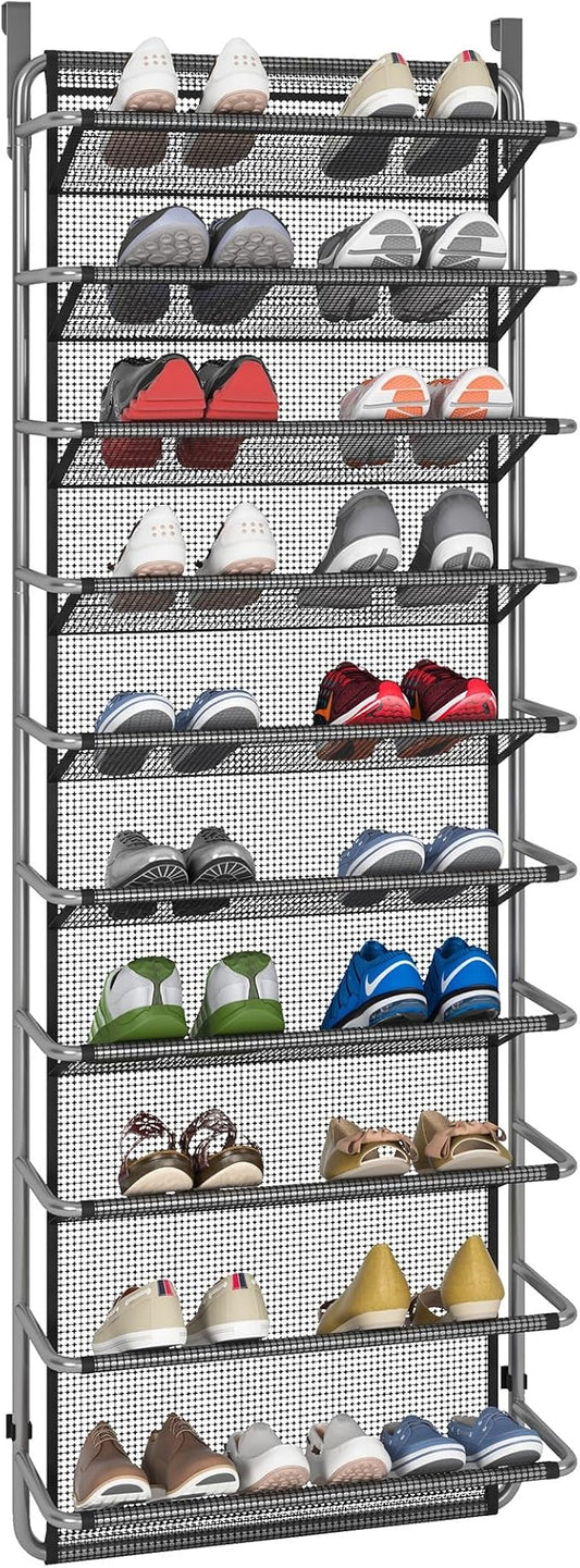 10 Tier Shoe Rack Over The Door Shoe Organizer Hanging Shoe Storage The Door Shoe Rack for Closet Pantry Wall Floating Shelves (10 Tier, Silver Grey)