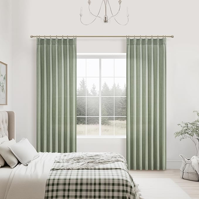 Sage Green Light Filtering Viral Sheer Curtains 90 Inches Long for Bedroom 2 Panels Set, Modern Pinch Pleated Flax Linen Window Drapes with Hooks Rings Ceiling Track 40 x 90 Inch Dining Room Curtain